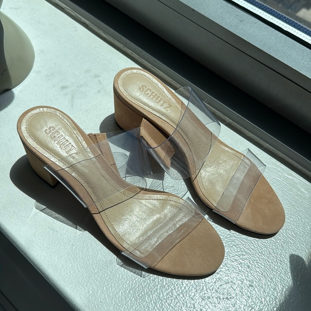 SCHUTZ Clear Strap Tan Slide Heels